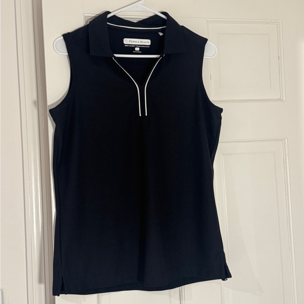 Pebble Beach Women's Black Sleeveless Polo with White Trim